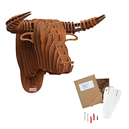 Rerum & Consilium Stierkopf Wanddeko in Edelrost I 48 x 37 x 30 cm I 15 kg I Stier Kopf Deko I Stahl | Tierkopf Skulptur Deko + Montageplatte von Rerum & Consilium