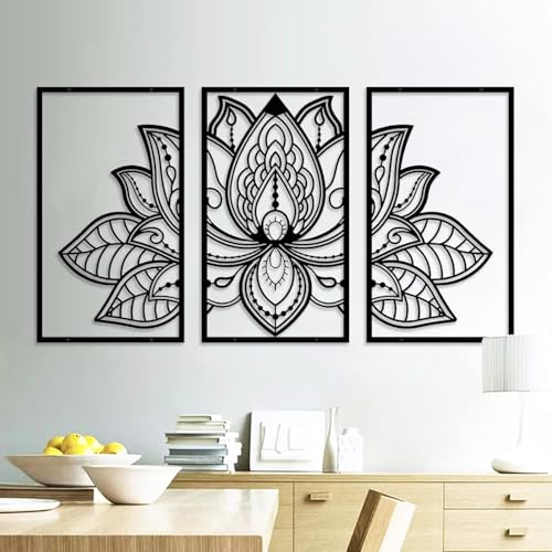 Resama 3 Pcs Lotusblume Wandkunst Dekor Metall Mandala Wanddekoration Einzigartige Lotusblume Wandkunst für Wohnzimmer, Schlafzimmer, Büro und Yoga Raum hängende Dekoration (schwarz) von Resama