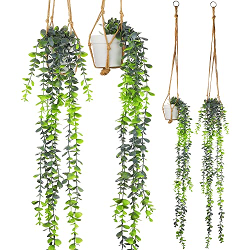 Rescien 2 Stück Künstliche Pflanzen Hängende mit 2er Makramee Blumenampel, Künstliche Hängepflanzen Kunstpflanze Eukalyptus Blätter 81cm Lang mit Töpfen für Drinnen & Draußen Badezimmer Garten Deko von Rescien