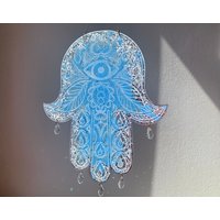 Resin Hamsa Mit Wandhalterung Fatimas Hand Blau Silber Glas Kristallen/Dekoration/Geschenk/Epoxidharz/Handmade /Ramadan Kunst von Resinartbylena