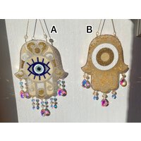 Resin Kristall Hamsa Wand Dekoration Fatimas Hand Gold Druzy Mit Glas Kristallen/Evil Eye /Nazar/Epoxidharz/Handmade /Ramadan von Resinartbylena