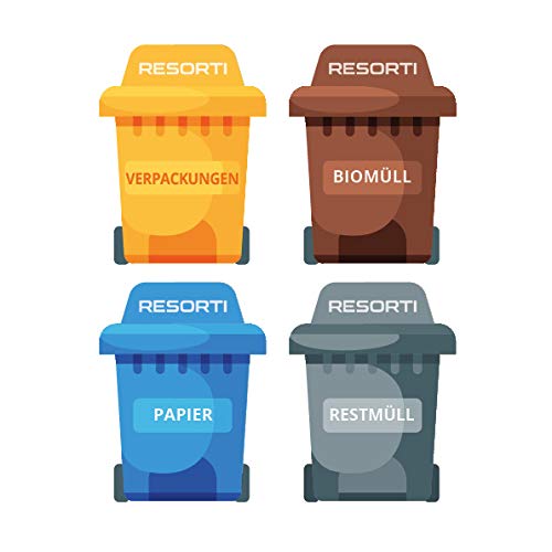 RESORTI Aufkleber 4er SET für Abfall- und Mülltrennung Motiv Mülltonne (Restmüll, Gelber Sack, Biomüll, Papier-Müll) von Resorti