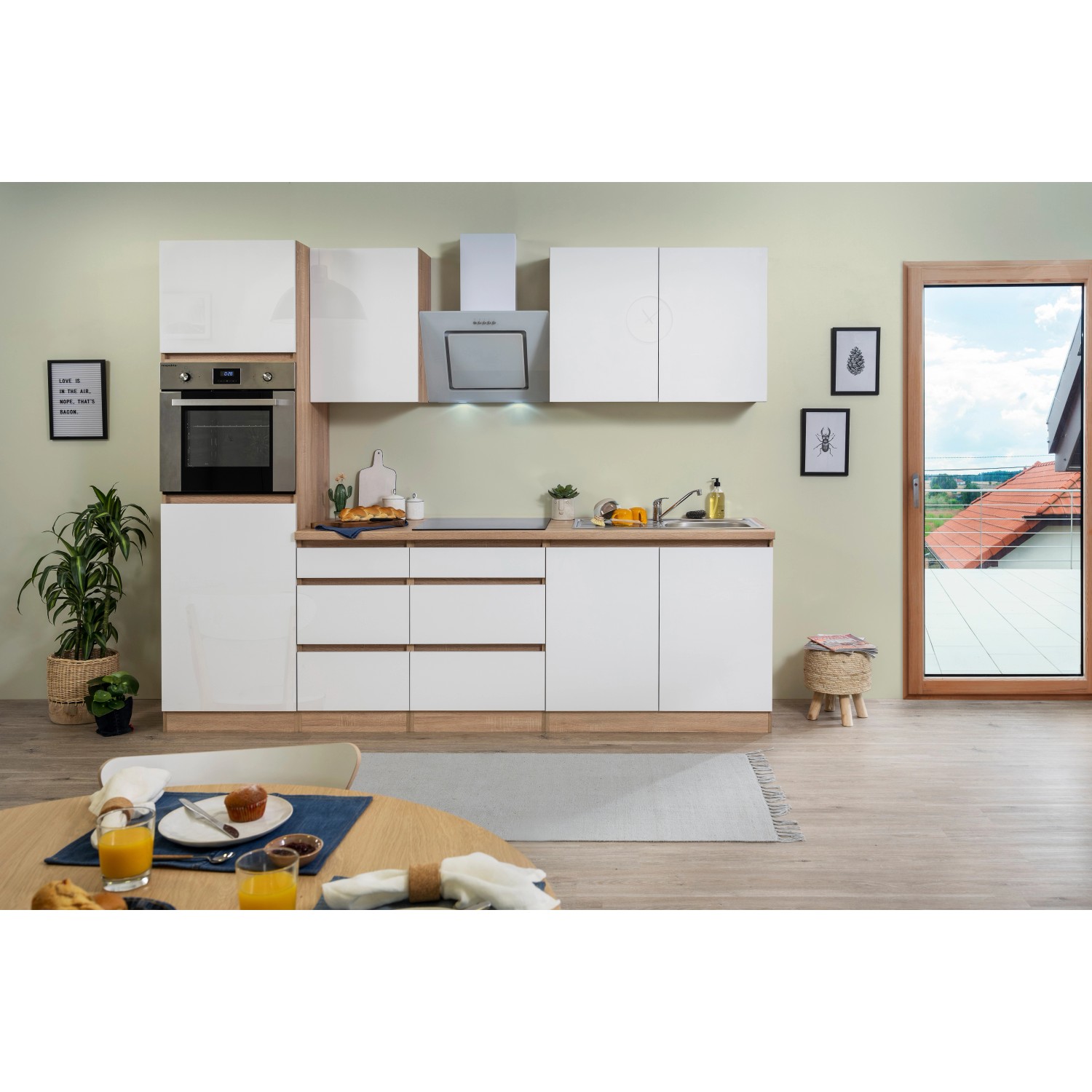 Respekta Küchenzeile GLRP270HESW Grifflos 270 cm Weiß Hochglanz-Sonoma Eiche von Respekta Premium