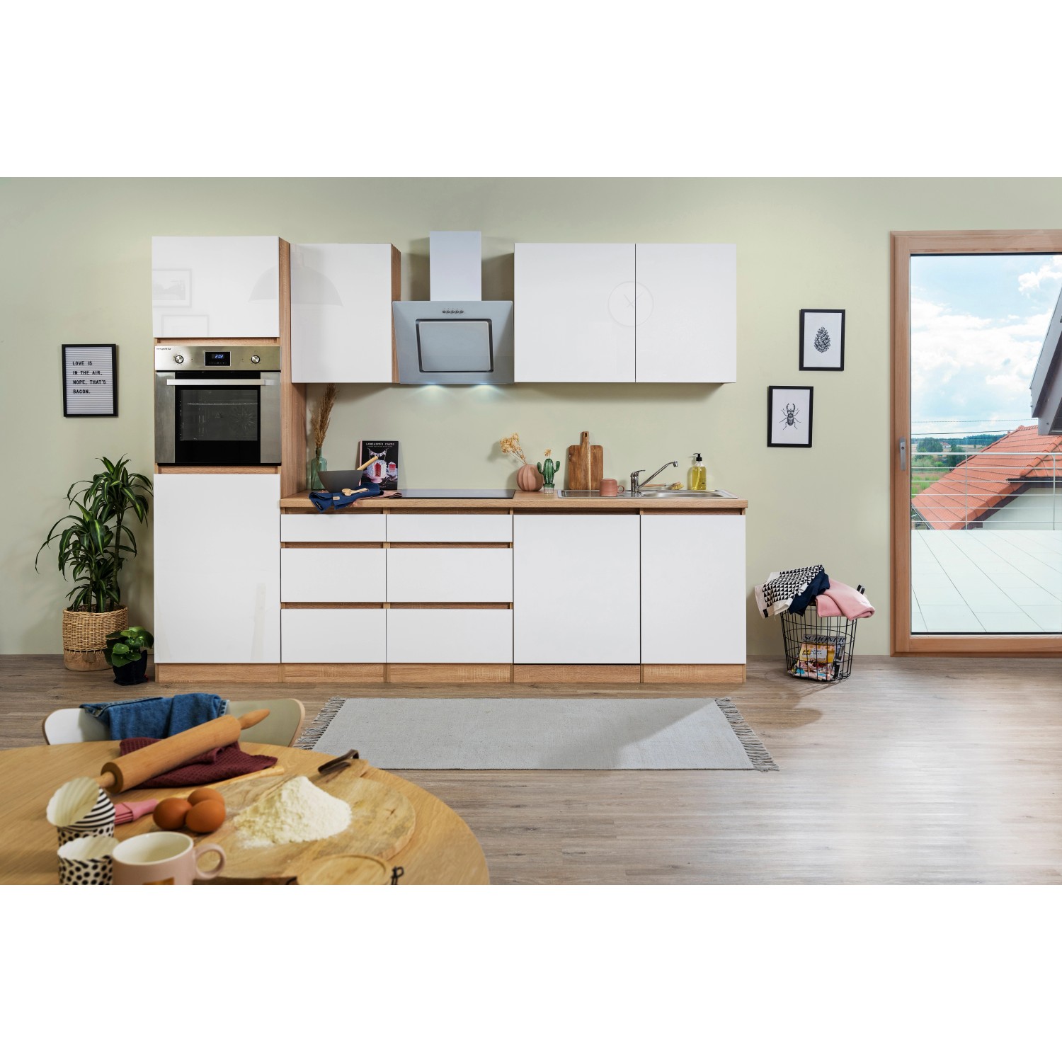 Respekta Küchenzeile GLRP280HESW Grifflos 280 cm Weiß Hochglanz-Sonoma Eiche von Respekta Premium