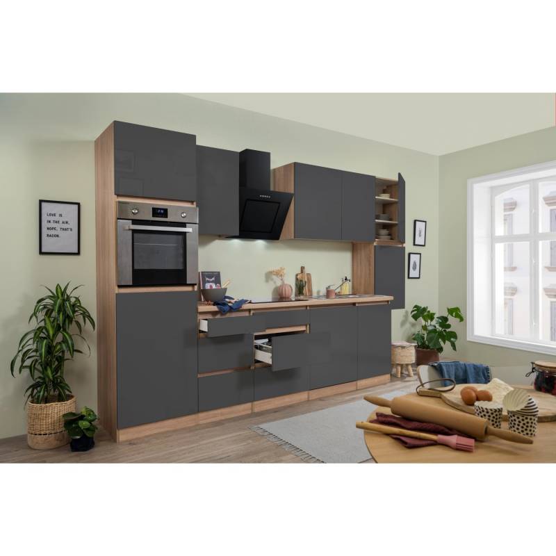 Respekta Küchenzeile GLRP330HESG Grifflos 330 cm Grau Hochglanz-Sonoma Eiche von Respekta Premium