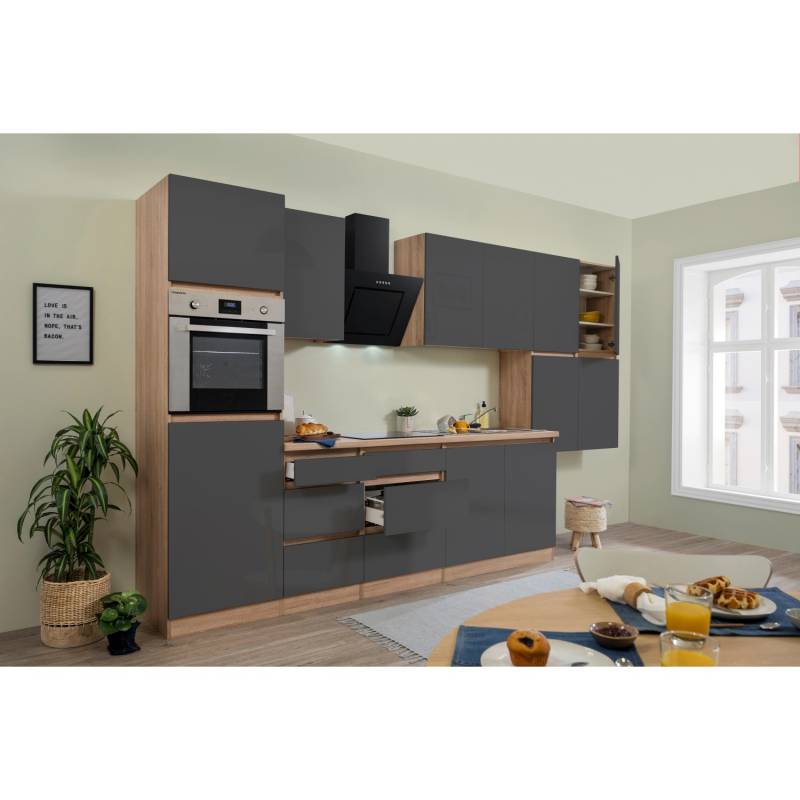 Respekta Küchenzeile GLRP370HESG Grifflos 370 cm Grau Hochglanz-Sonoma Eiche von Respekta Premium