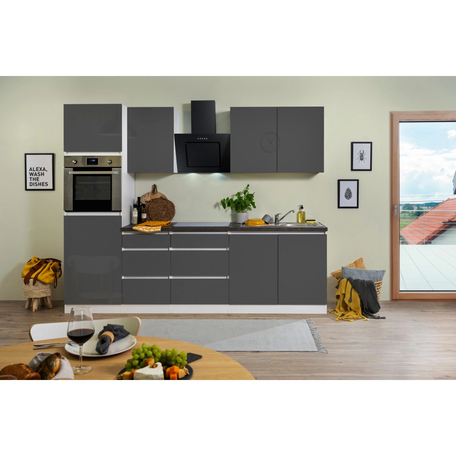 Respekta Küchenzeile ohne E-Geräte 270 cm Grifflos Grau Hochglanz-Weiß von Respekta Premium