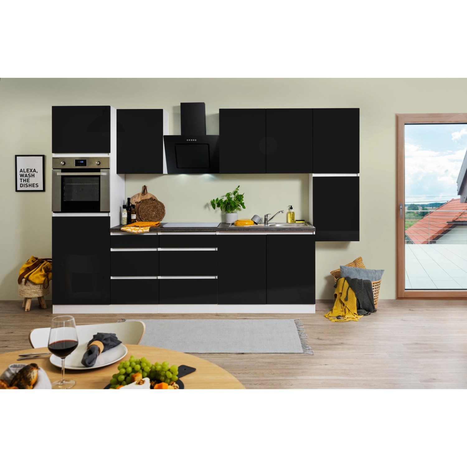 Respekta Küchenzeile ohne E-Geräte 320 cm Grifflos Schwarz Hochglanz-Weiß von Respekta Premium