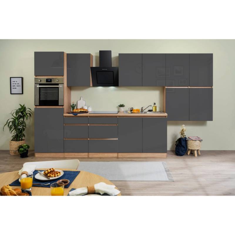 Respekta Küchenzeile ohne E-Geräte 370 cm Grifflos Grau Hochglanz-Eiche Sägerau von Respekta Premium