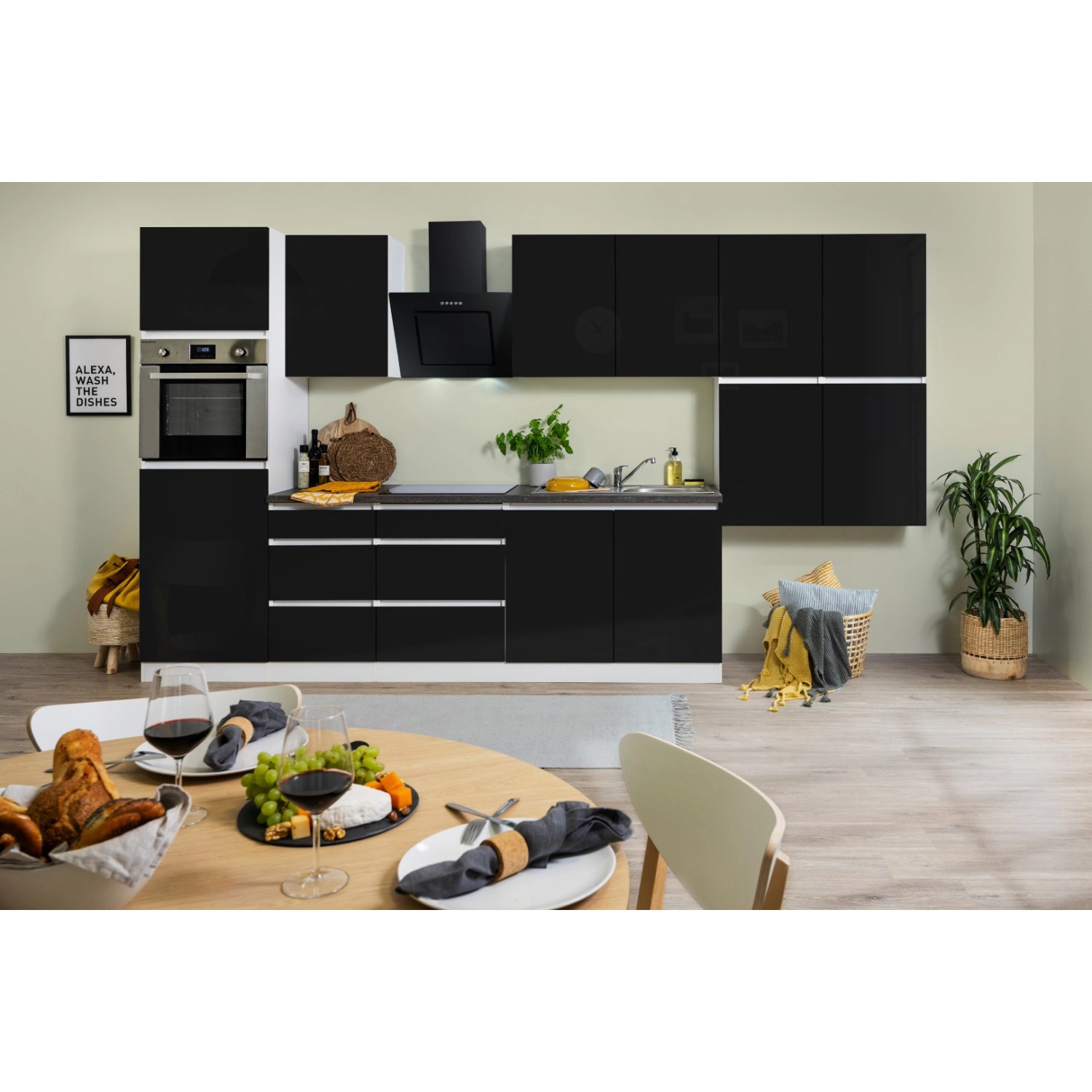 Respekta Küchenzeile ohne E-Geräte 370 cm Grifflos Schwarz Hochglanz-Weiß von Respekta Premium