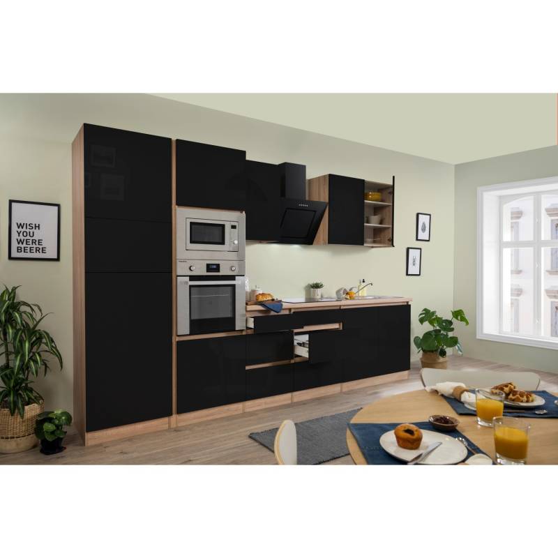 Respekta Premium Küchenzeile Grifflos 335 cm Schwarz Hochglanz-Eiche Sägerau von Respekta Premium