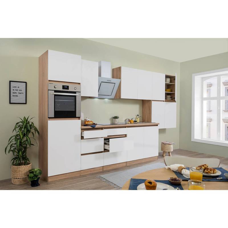 home24 Küchenzeile Lorena V 370 x 221 x 60cm Weiß/Weiß/Eiche Dekor mit Elektrogeräten von home24