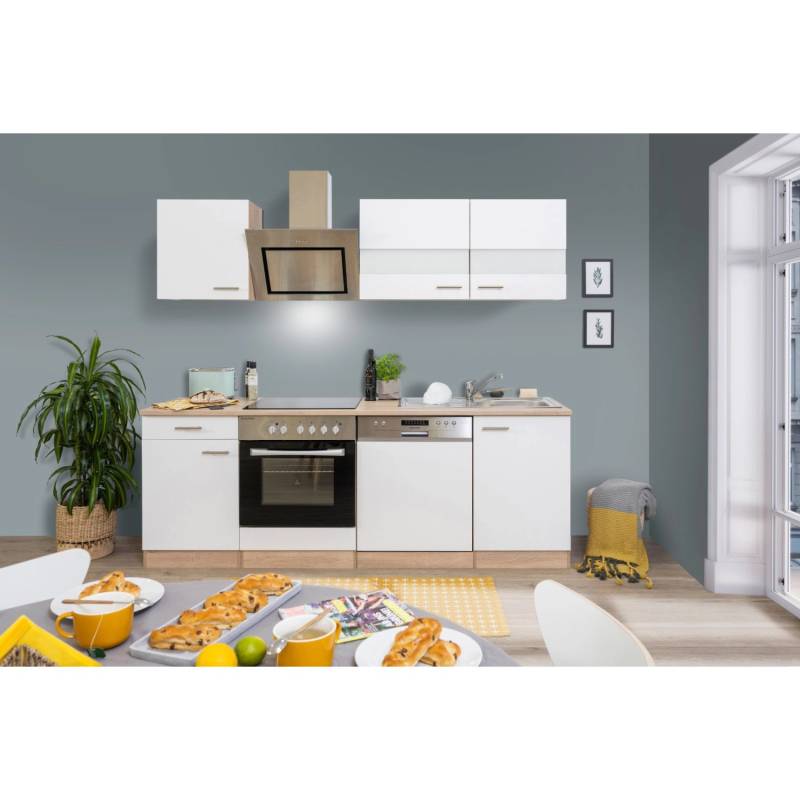Respekta Economy Küchenzeile KB220ESWSC 220 cm Weiß-Eiche Sägerau Glänzend von Respekta