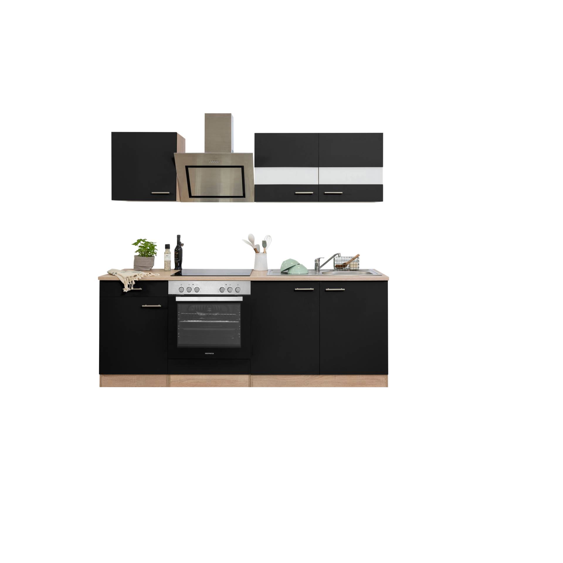 Respekta Küchenzeile 'Merle' mit E-Geräten KB210ESSSC schwarz/eichefarben 210 cm von Respekta