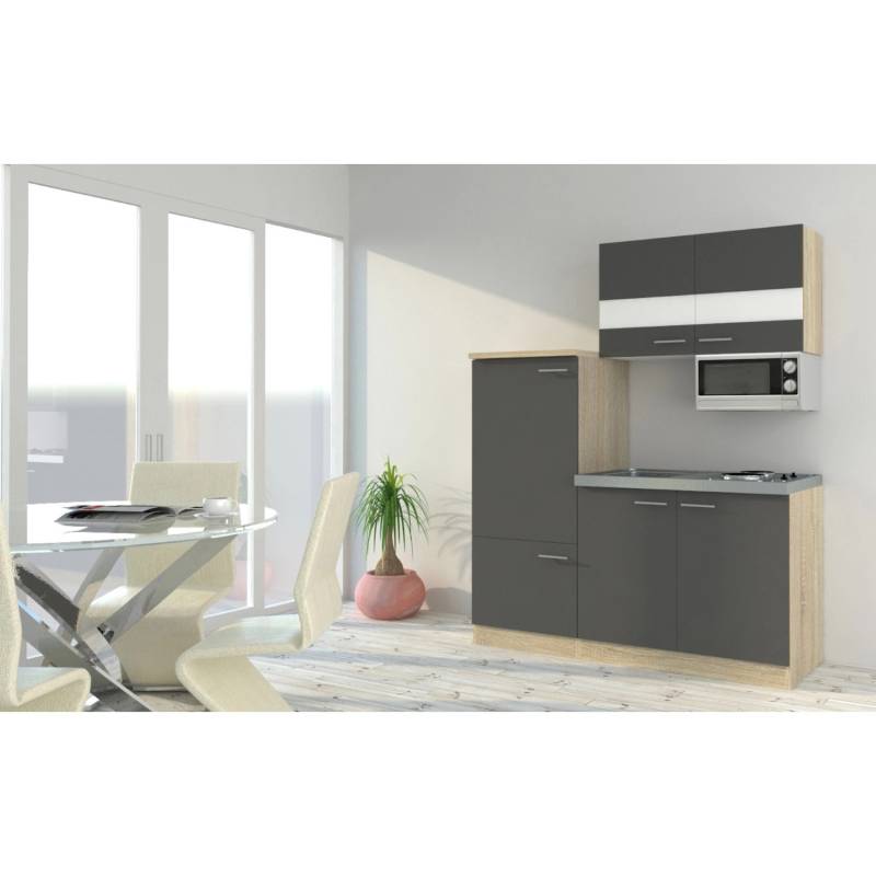 Respekta Miniküche KB160ESGMI 160 cm Grau-Eiche Sonoma Nachbildung Mikrowelle von Respekta