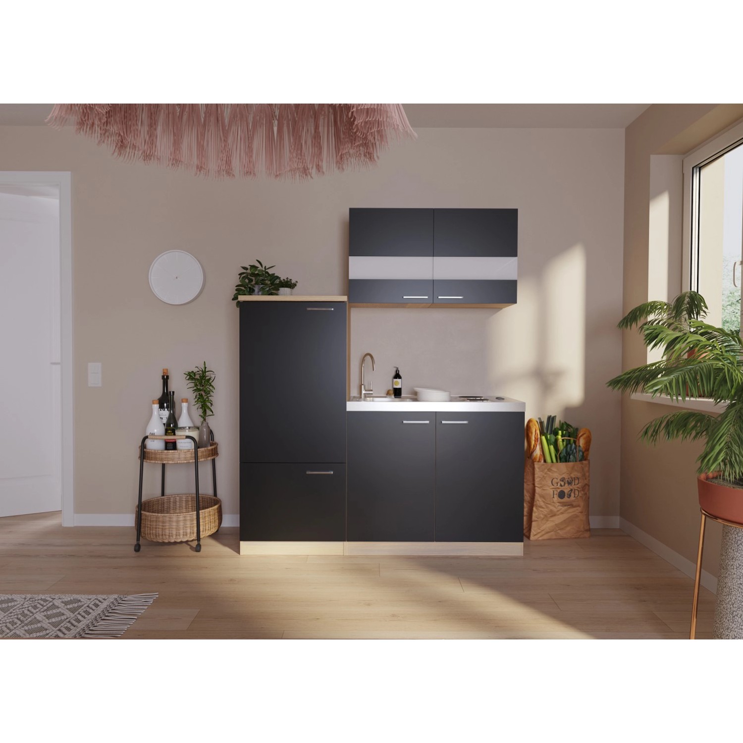 Respekta Miniküche KB160ESS 160 cm Schwarz-Eiche Sonoma Sägerau Nachbildung von Respekta