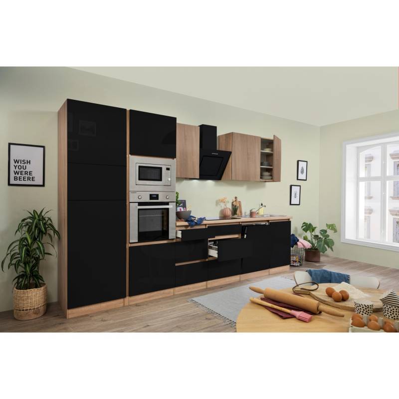 Respekta Premium Küchenzeile GLRP345HESSGKEOES Grifflos 345 cm Schwarz Eiche NB von Respekta