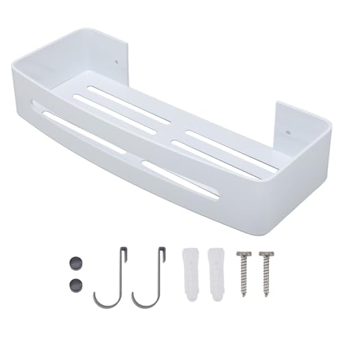 Respicefinem Wall Mount Bathroom Shelf Single Layer Space Aluminum Floating Wall Shelves with Hooks Ideal for Shower Bath Providing Convenient Storage Space Sav (White) von Respicefinem