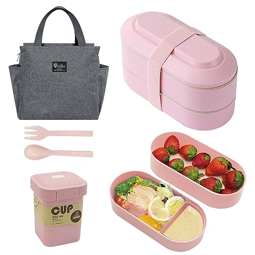 Resszo Bento Box für Erwachsene/Kinder, 900ml Lebensmittelechte Brotdose mit 3 Fächern, Auslaufsichere Bento Box mit Besteck, Suppentasse und Tragetasche für Mittagessen oder in der Schule, Büro von Resszo