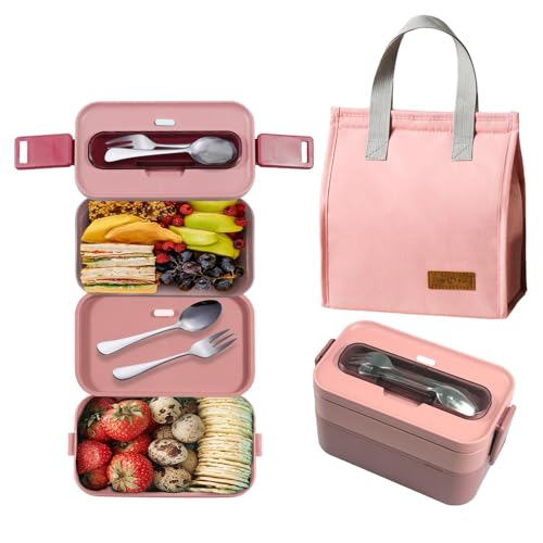 Resszo Lunchbox 1600ml Bento Box mit Besteck und Thermosbeutel, Brotdose Kinder mit Fächern 2 Lagige Brotdose Vesperdose Erwachsene Brotbüchse zum Schule Arbeit Picknick (Pink) von Resszo