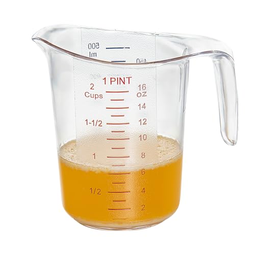 RW Base 1 Pint Messglas, 1 robuster Messbecher – metrische und imperiale Einheiten, V-förmiger Auslauf, transparenter Kunststoff-Messbecher, Griff mit Daumengriff, toleriert bis zu 248 °C von Restaurantware