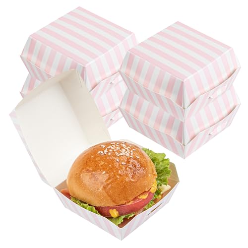 Restaurantware 7,1 x 7,1 x 5,1 cm Mini-Burger-Boxen, 100 Clamshell-Lebensmittelbehälter – Klappdeckel, gestreift, rosa und weißes Papier zum Herausnehmen, Servierschieber oder Fingerfood von Restaurantware