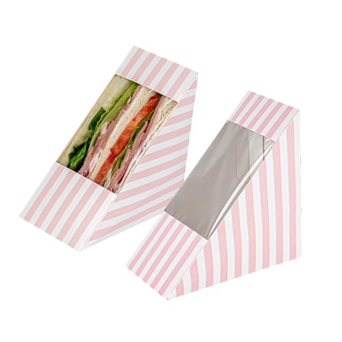 Restaurantware Cafe Vision Sandwich-Papierboxen, 12,1 x 7,1 cm, 200 mittelgroße Sandwich-Keil-Boxen – mit Fenster, Einweg, rosa und weiß, dreieckige Sandwichbehälter, gestreiftes Design von Restaurantware