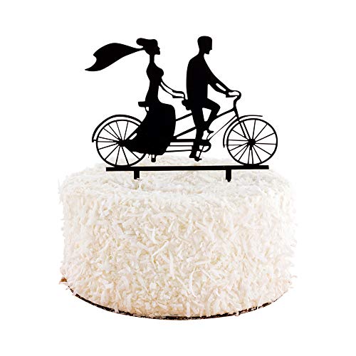 Top Cake Tortenaufsatz, Brautpaar 16,5 x 12,7 cm, 1 romantische Silhouette, Hochzeitstortenaufsatz – für Jubiläen oder Verlobungsfeiern, Paar auf Tandem-Fahrrad, schwarzer Acryl-Hochzeitstortenaufsatz von Restaurantware