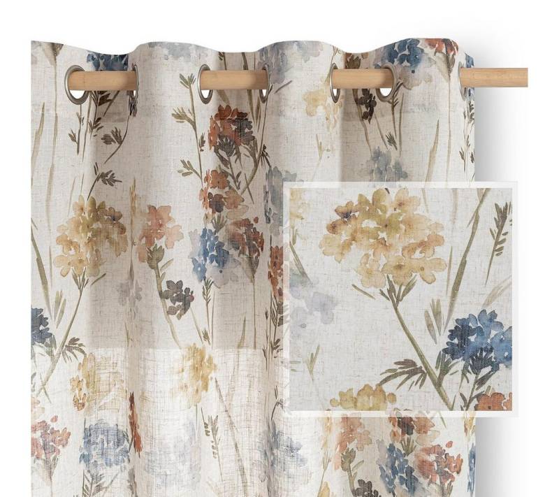 Restilo Gardine Gardine Ösen Vorhang Leinen Microfaser Blumen Muster, Ösen (1 St), halbtransparent, Microfaser mit Leinen von Restilo