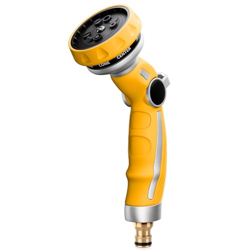 RESTMO Garten Wasserspritze, Robuste Metall Gartenbrause zur Reinigung und Bewässerung, Hochdruck Bewässerungsbrause zum Autowaschen, 9 Muster, Daumenflusskontrolle, Einhandbedienung, Gelb von Restmo