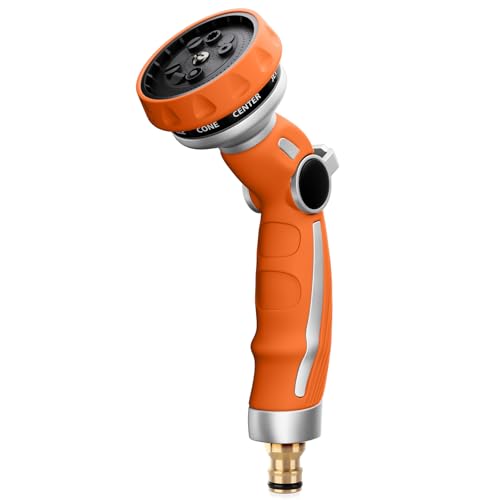 RESTMO Garten Wasserspritze, Robuste Metall Gartenbrause zur Reinigung und Bewässerung, Hochdruck Bewässerungsbrause zum Autowaschen, 9 Muster, Daumenflusskontrolle, Einhandbedienung, Orange von Restmo