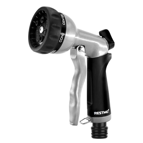 RESTMO Gartenbrause, Metall Hochdruck Garten Handbrause, 7 Funktionen Spritzdüse, Einstellbarer Wasserdurchfluss Garten Spritzpistolen Bewässerungspistole für Garten Bewässerung, Autowaschen, Schwarz von Restmo