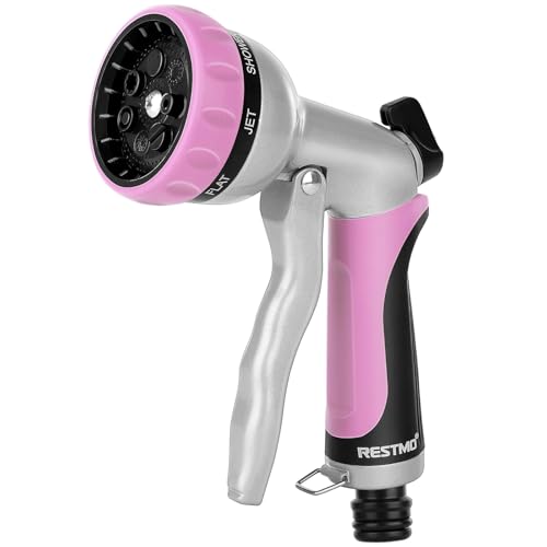 RESTMO Gartenbrause, Metall Hochdruck Garten Handbrause, 7 Funktionen Spritzdüse, Einstellbarer Wasserdurchfluss Garten Spritzpistolen Bewässerungspistole für Garten Bewässerung, Autowaschen, Pink von Restmo
