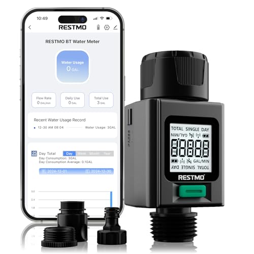 RESTMO Intelligenter Wasserzähler mit Bildschirmbeleuchtung, Messung Gallone/Liter Verbrauch & Durchflussrate, ideal für Gartenbewässerung Sprinkler & Gartenbrause - APP Control Connection von Restmo