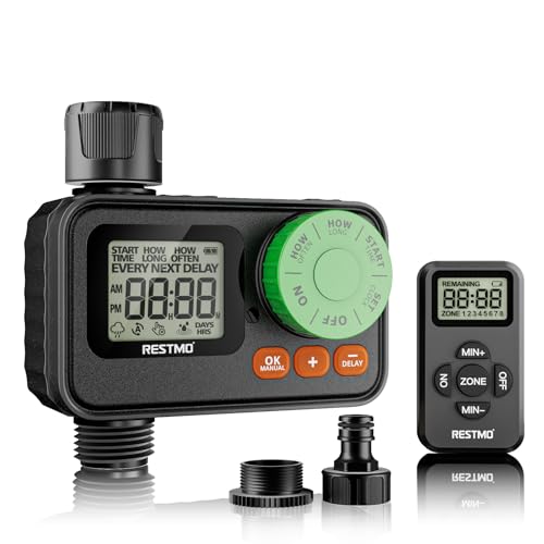 RESTMO RF-Fernbedienbarer Bewässerungscomputer, Wasserzeitschaltuhr für Außenwasserhahn, automatische/manuelle Steuerung & Regenverzögerung, RF-Fernbedienung im Lieferumfang enthalten von Restmo