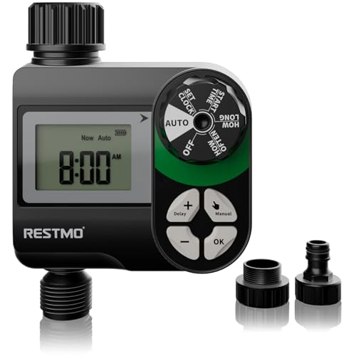 RESTMO Wasserzeitschaltuhr, programmierbare Bewässerungscomputer, funktioniert für Gartenschlauch, 3 Bewässerungsmodi, Zeitschaltuhr für Außenwasserhahn, Rasen-Bewässerungssystem, 1 Zone von Restmo