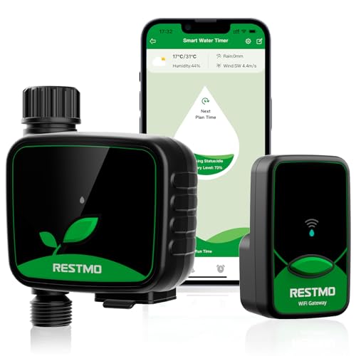 RESTMO WiFi-Bewässerungscomputer, programmierbare Wasserzeitschaltuhr für die Gartenbewässerung, 3 Bewässerungsmodi, geeignet für Außenwasserhähne und Rasenbewässerungssysteme, 1 Zone von Restmo