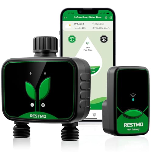 RESTMO WiFi-Bewässerungscomputer, programmierbare Wasserzeitschaltuhr für die Gartenbewässerung, 3 Bewässerungsmodi, geeignet für Außenwasserhähne und Rasenbewässerungssysteme, 2 Zonen von Restmo