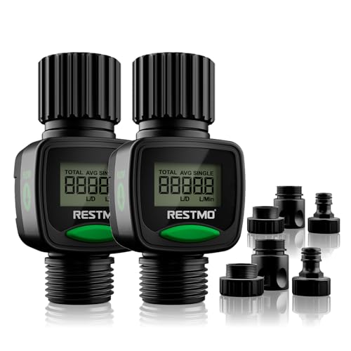Restmo 【2er Set】 Wasserzähler, Wasserdurchflussmesser mit hohe Messgenauigkeit, Messung des Gallonen-/Literverbrauchs und der Durchflussmenge für Gartenbewässerung, Rasensprenger und Gartenbrause von Restmo
