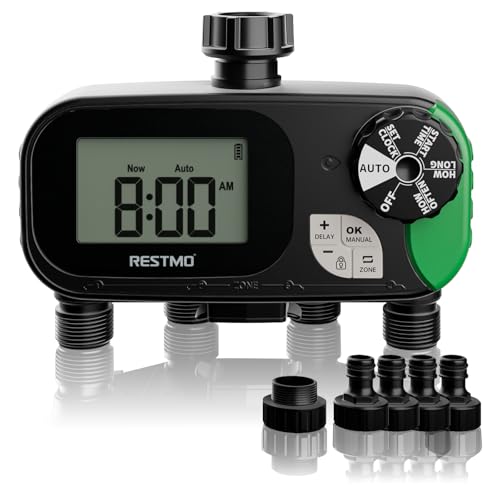 Restmo Wasserzeitschaltuhr, programmierbare Bewässerungscomputer, funktioniert für Gartenschlauch, 3 Bewässerungsmodi, Zeitschaltuhr für Außenwasserhahn, Rasen-Bewässerungssystem, 4 Zonen von Restmo