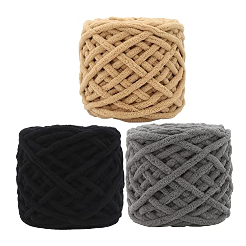 Restokki 3 Rollen Super Chunky Garn Khaki Grau Schwarz Farbe Hautfreundlich Weit Verbreitetes Dickes Strickgarn Für Schals, Hausschuhe, Teppiche, Strickarbeiten, Bastelprojekte von Restokki