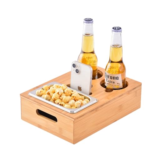 Couchbar Snackbox, Snackspender mit Snackschale, Bambus Sofatablett für Sofa, Deko, Couch Bar mit Getränkehalter, Abnehmbarer Deckel, Snackbox mit Fächern, Couch Organizer Tablett, Sofa Butler von Restorgan