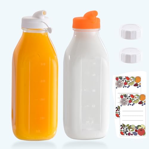 Restorgan 2er Set Milchflaschen mit Deckel, Glasflaschen mit Deckel 1 Liter, Wiederverwendbare Smoothie Gläser mit Deckel,Ideal für Saft, Milch,Milchshakes, Saftflaschen mit 2 Skalenmarkierung von Restorgan