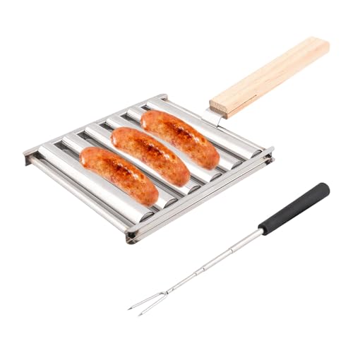 Hot Dog Roller, Edelstahl Wurstroller Rack mit Holzgriff für BBQ, 5 Hot Dogs Kapazität mit Marshmallow Bratstab von Restynic