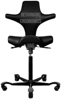Rethinking Ergonomics HAG Capisco Verstellbarer Schreibtischstuhl mit schwarzem Rahmen, schwarzer Vinyl-Sitz, Ultra-Sound-Sonogramm-Stuhl, 48,3 cm - 66 cm Höhe von Rethinking Ergonomics