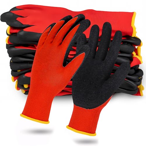 Retoo 10 Paar Arbeitshandschuhe Mechaniker Handschuhe Gartenhandschuhe Latex Beschichtung Montagehandschuhe Sicherheitshandschuhe für Gartenarbeit und Bauarbeiten Größe 10 Polyester Rot Schwarz von Retoo