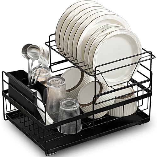 Retoo Abtropfgestell Einlagige Geschirr Abtropfständer, Geschirrabtropfer Drip mit Zwei Fächern, Tropfschale, Geschirrabtropfgestell, Abnehmbarem Besteckhalte, Besteckständer, 43,5x29x24cm Schwarz von Retoo