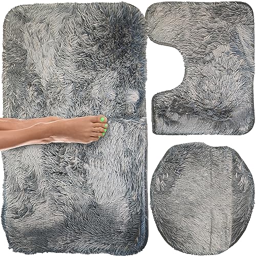 Retoo Badematte Set 3 teilig, Badezimmerteppich Set, Badteppich Set, Weiche Hochflor Badteppich, Waschbar Badvorleger Set mit Deckel für Toilettendeckel, WC Vorleger mit Ausschnitt von Retoo