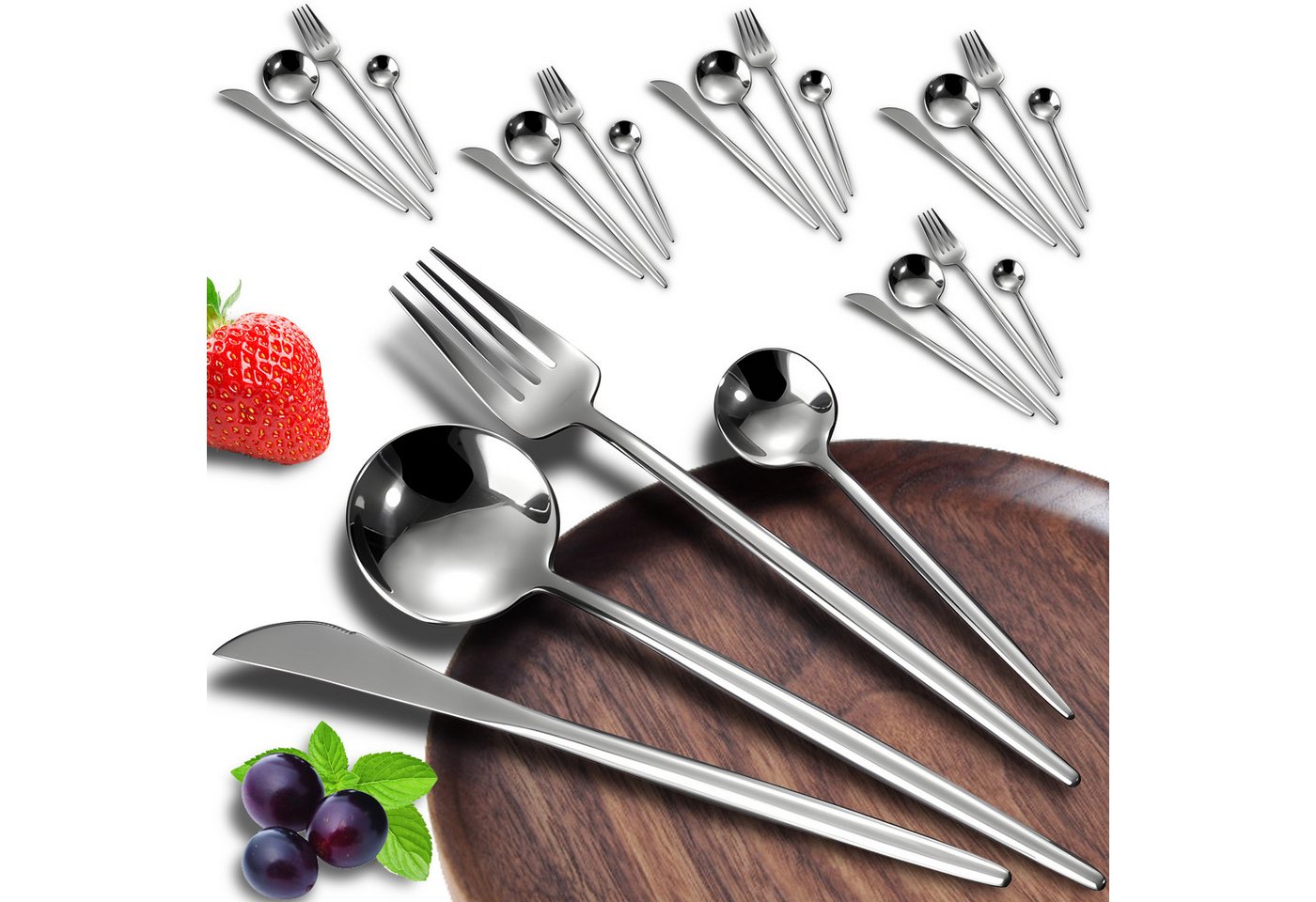 Retoo Besteck-Set Besteckset bis 24 teilig 6 Personen Besteck Essbesteck Edelstahl (24-tlg), 24 Stück, Farbe silber, Typ: Löffel, Löffel, Messer, Gabeln. von Retoo