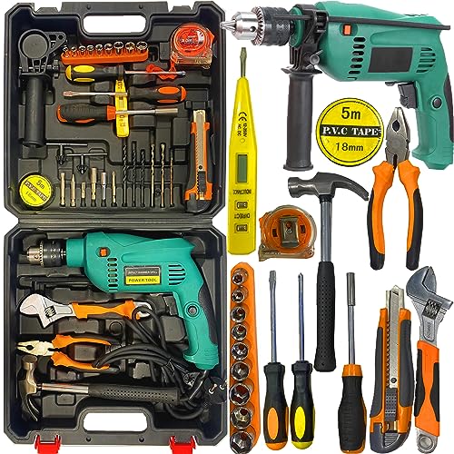 Retoo Bohrhammer set Werkzeug Set 34 teiliges, Werkzeugkoffer Gefüllt robust und hochwertig, Ideal für den Haushalt, Garage für Reparaturen und Wartungen in einem praktischen Werkzeugkoffer von Retoo
